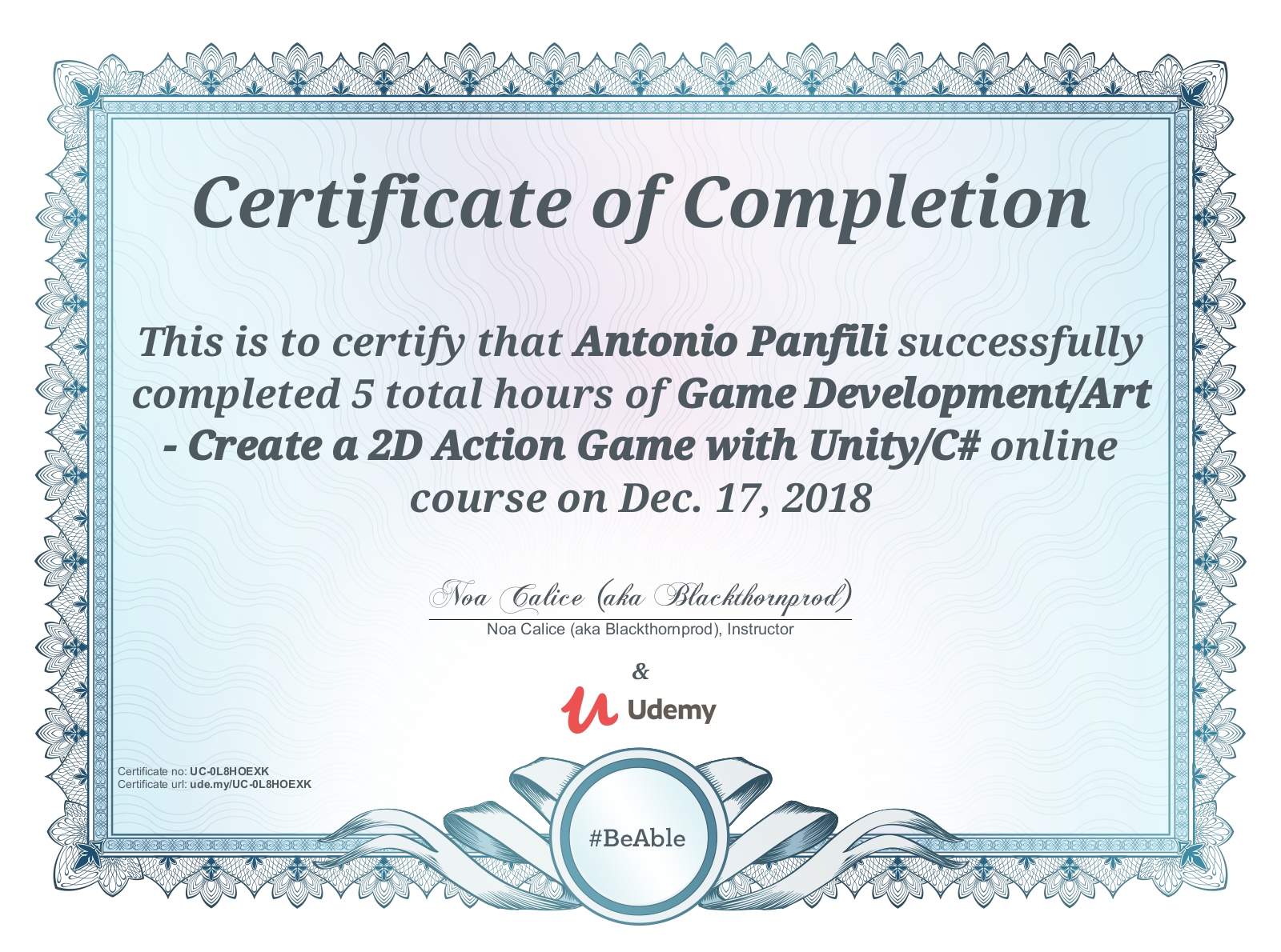 Certificato Game Development/Art - Create a 2D Action Game with Unity/C#