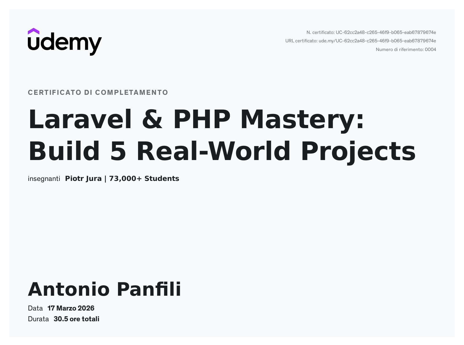 Certificato Laravel and PHP Mastery: Build 5 Real-World Projects